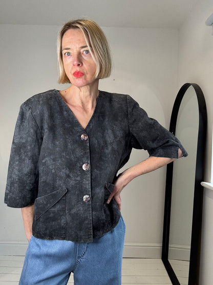 linen short sleeve jacket blouse top women's vintage made in germany black top