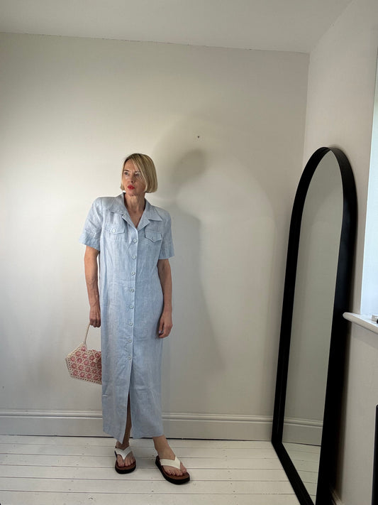 vintage luxury linen barcelona gloria estelles button front pale blue women's secondhand dress