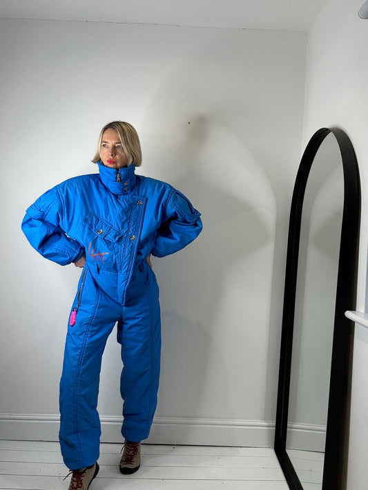 BELFE vintage 80's ski suit ski wear all in one women's ski gear snow boarding blue