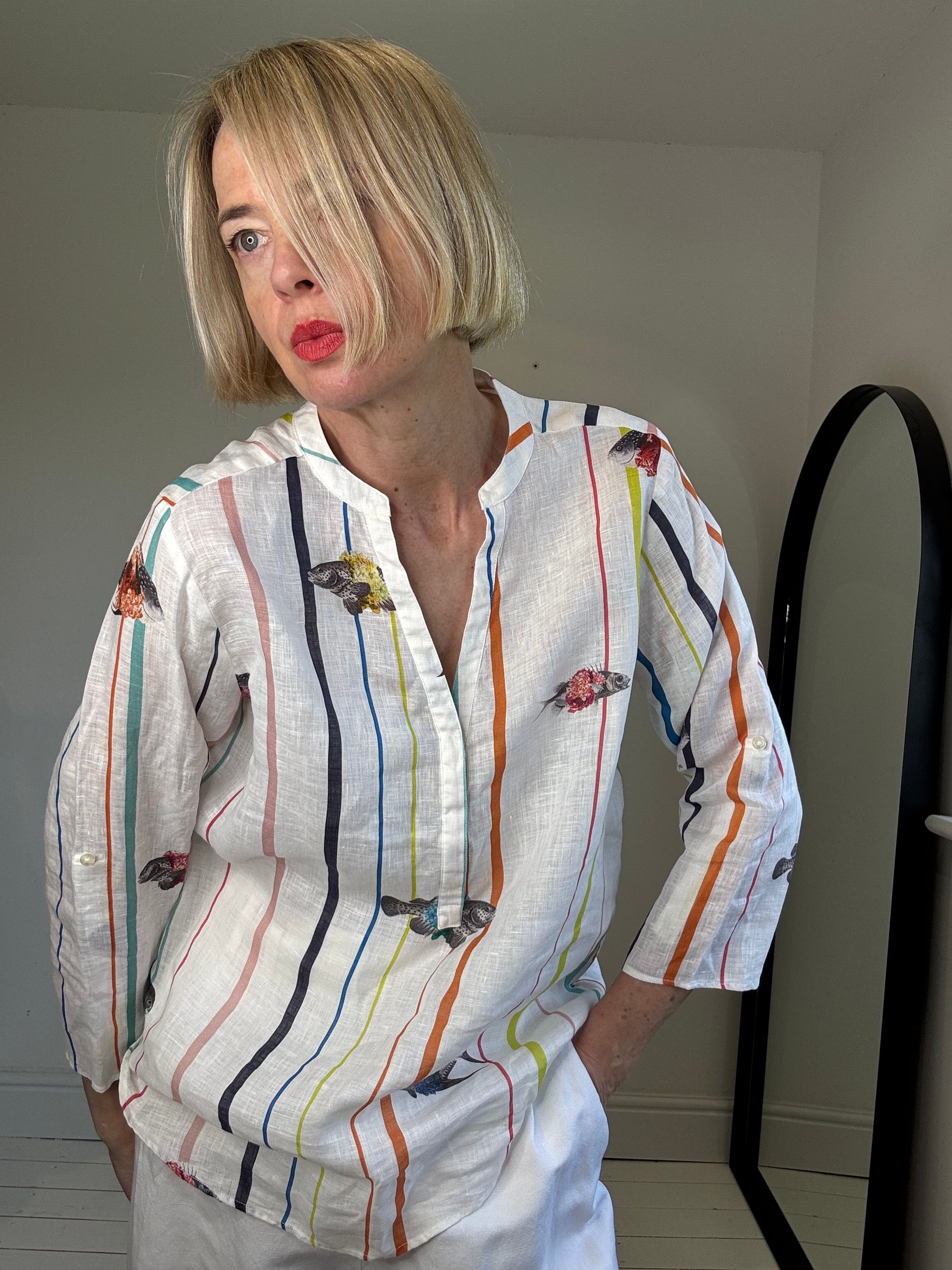 villagallo linen fish stripe smock kaftan top blouse preloved italian womenswear
