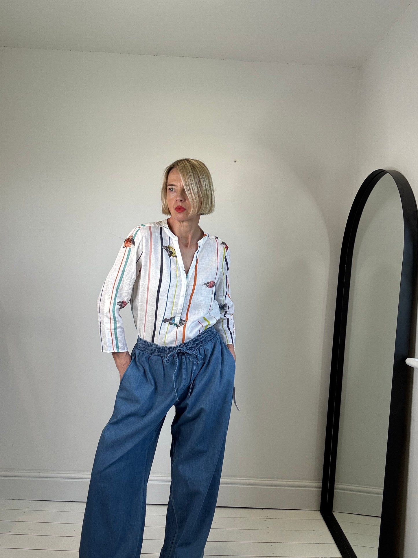 GHOST womenswear denim cotton elasticated waist wide leg jeans trousers drawcord waist pockets women's preloved 