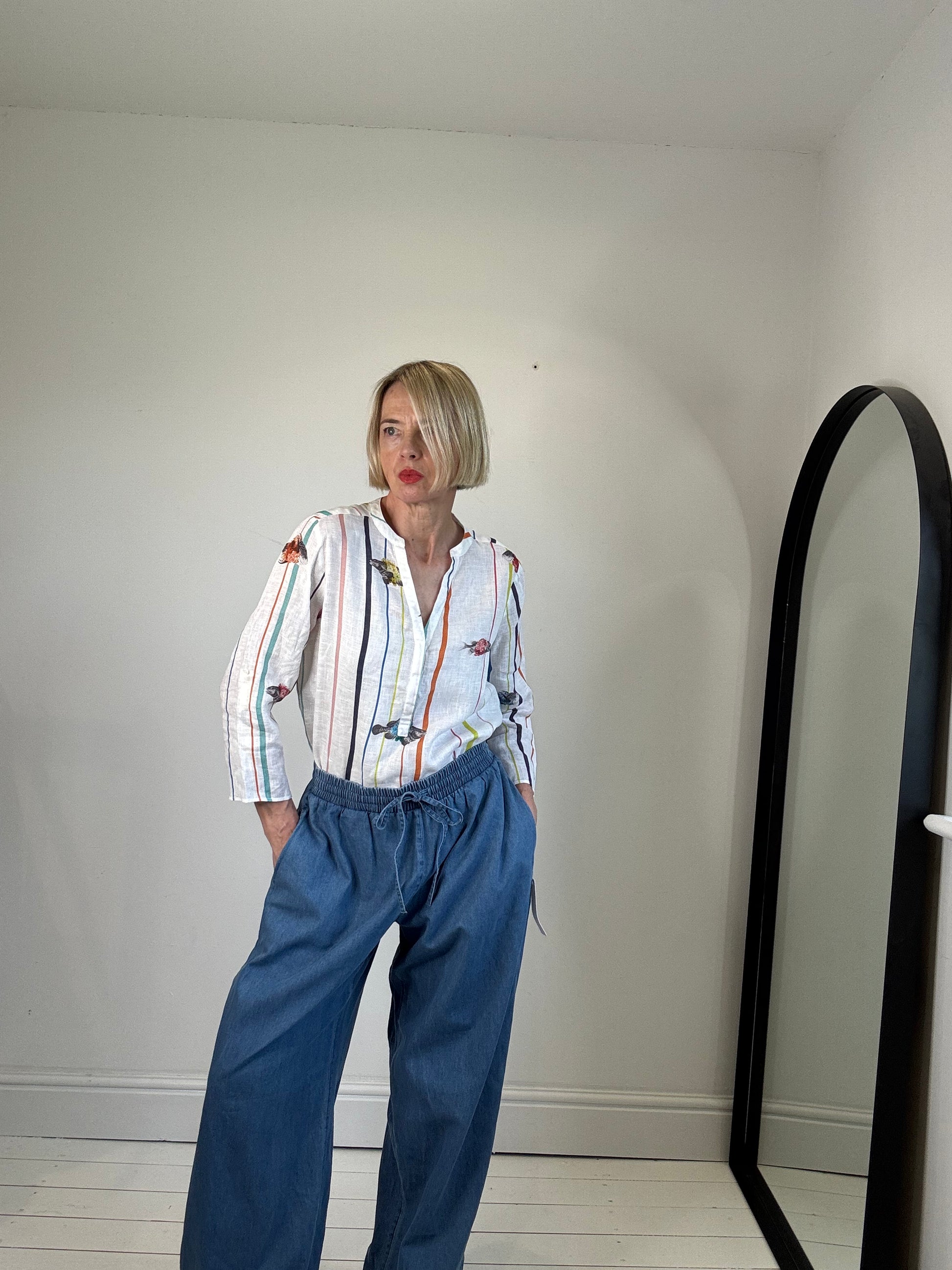 GHOST womenswear denim cotton elasticated waist wide leg jeans trousers drawcord waist pockets women's preloved 