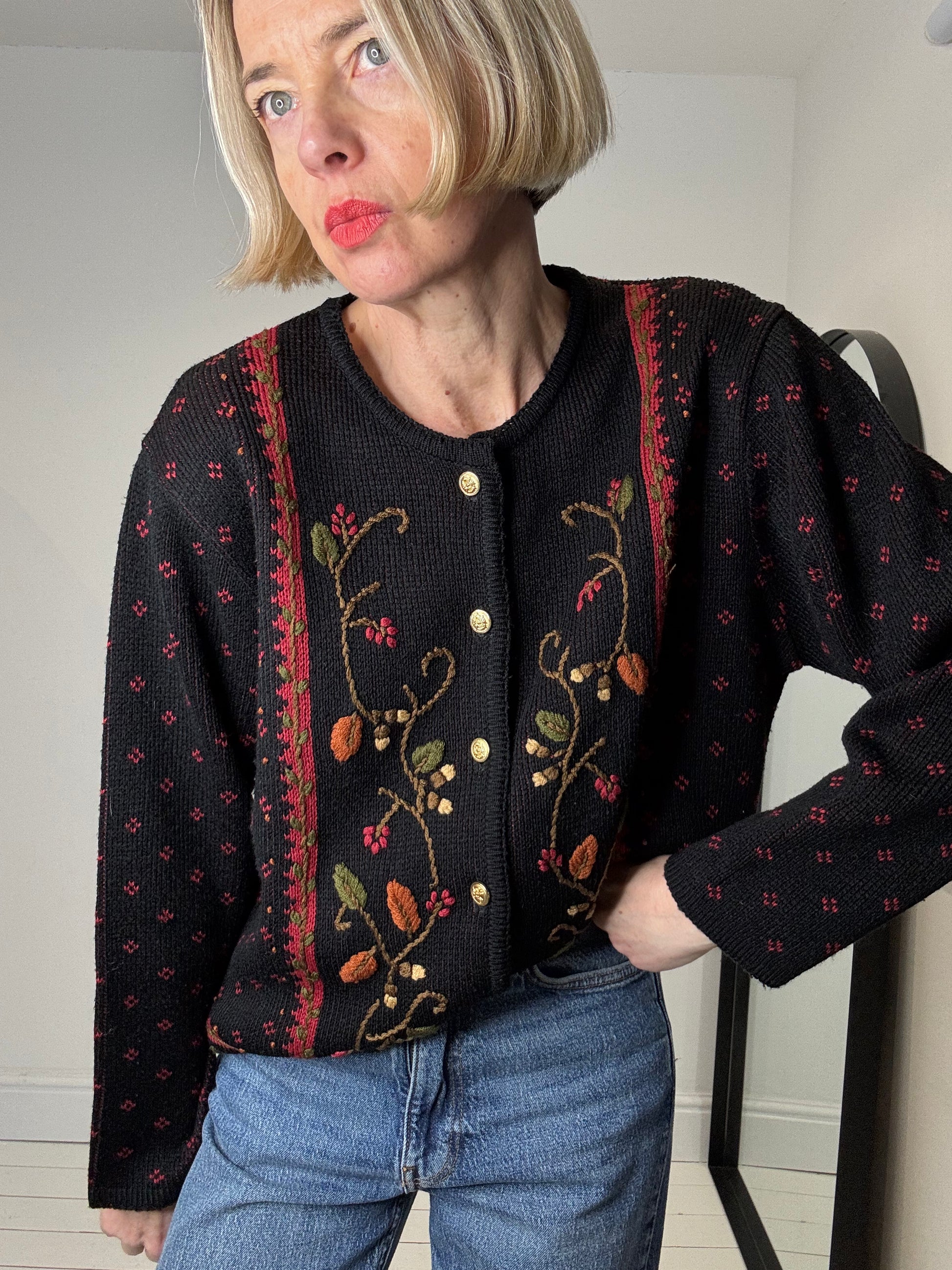 black embroidered knitted cardigan vintage women's