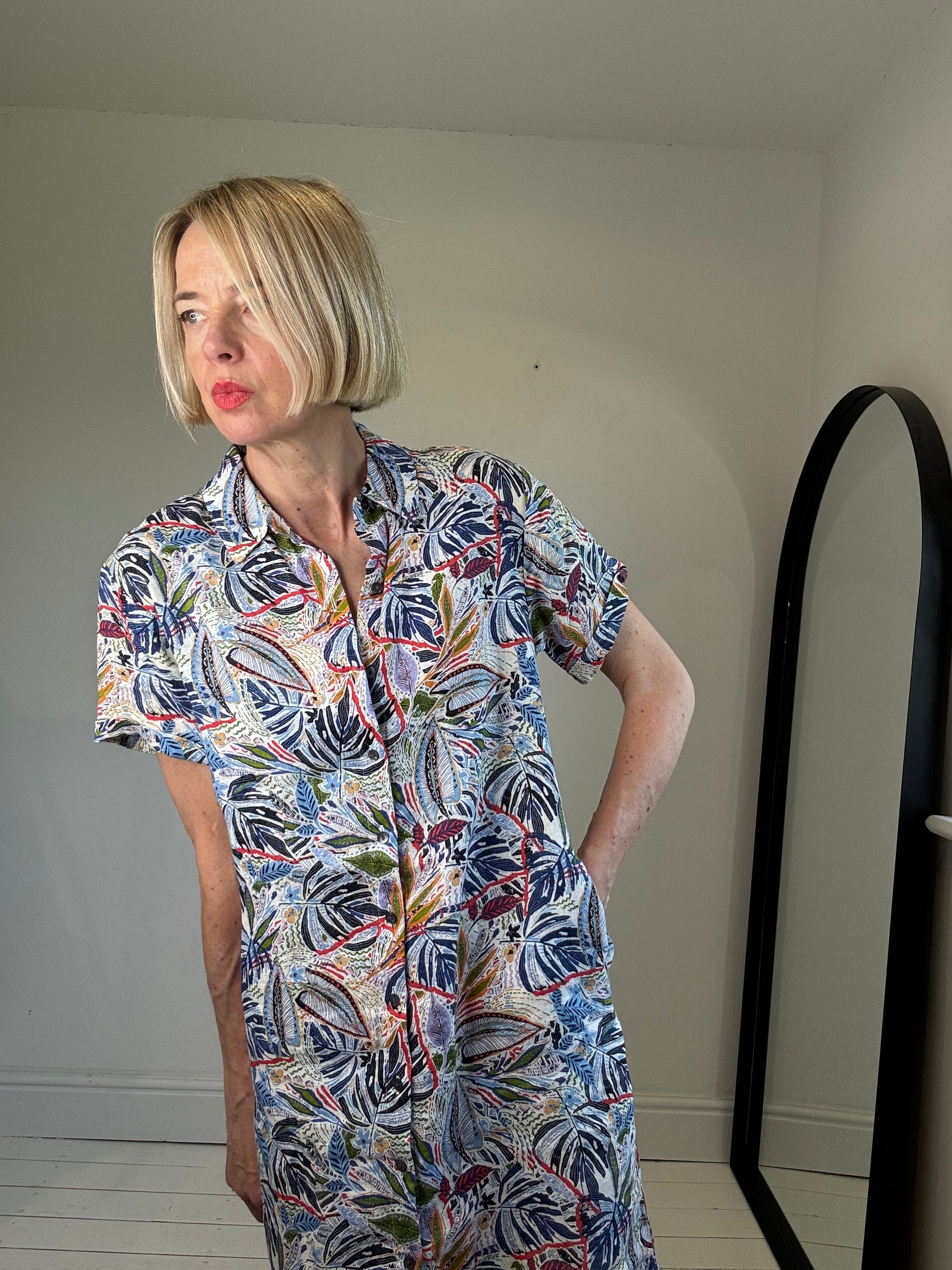 LINEN SHORT SHIRT DRESS TROPICAL PRINT POCKETS LINEN WOMEN'S PRELOVED