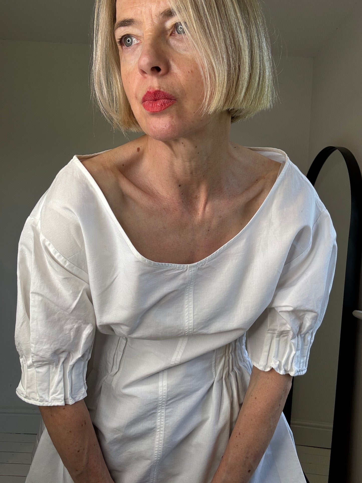 cos white cinched waist cotton linen top blouse preloved highstreet women's size 14