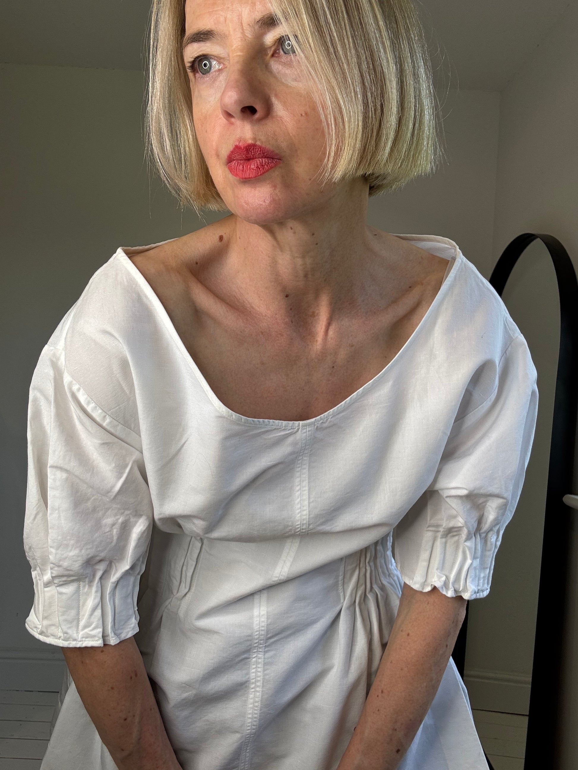 cos white cinched waist cotton linen top blouse preloved highstreet women's size 14