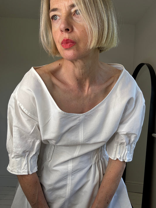 cos white cinched waist cotton linen top blouse preloved highstreet women's size 14