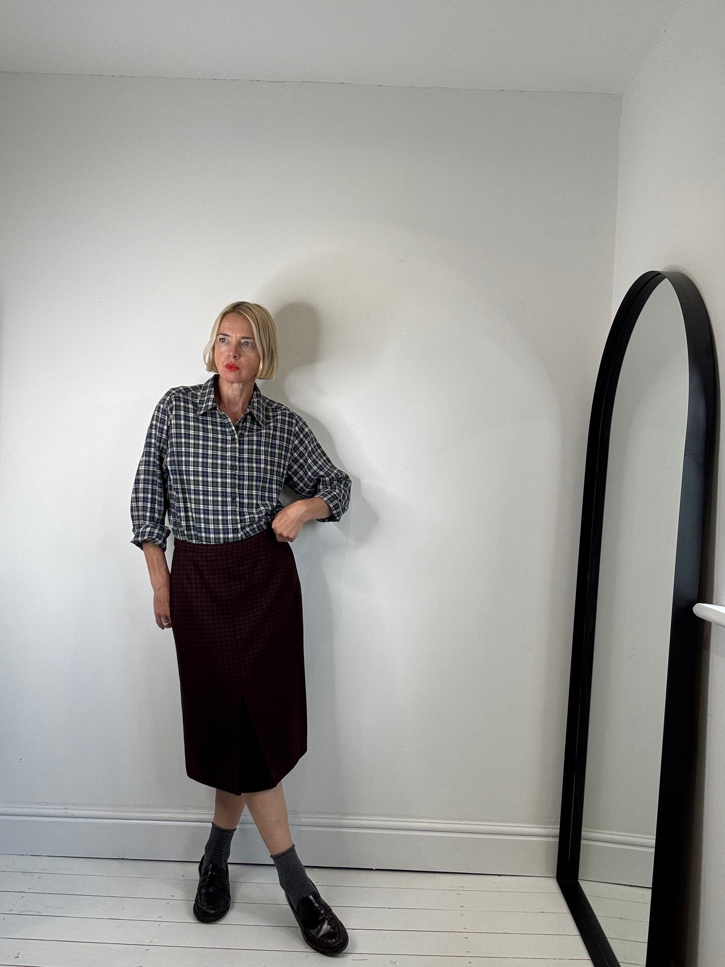 Wool check skirt with box pleat