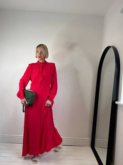 mint velvet red viral frill detail dress long sleeves size 12 preloved sold out women's secondhand occasion wear the curatory wedding guest