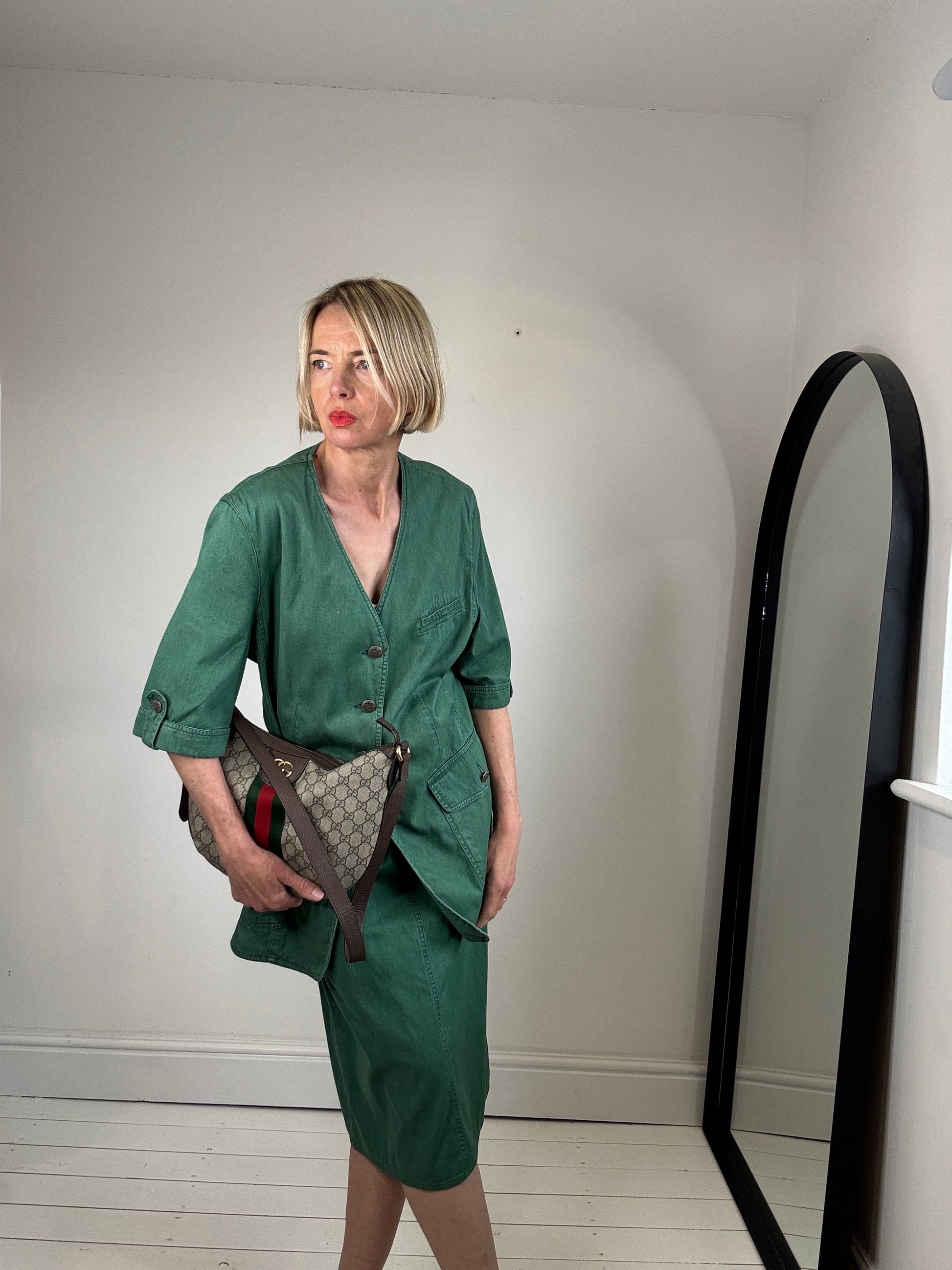 vintage gerard darel 80's sports gament washed denim co-rd set skirt and jacket green women's preloved