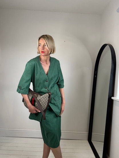 vintage gerard darel 80's sports gament washed denim co-rd set skirt and jacket green women's preloved