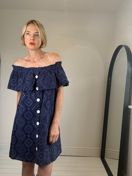 BRODERIE ANGLAISE MINI BARDOT DRESS BLUE WHITE BUTTONS WOMEN'S PRELOVED