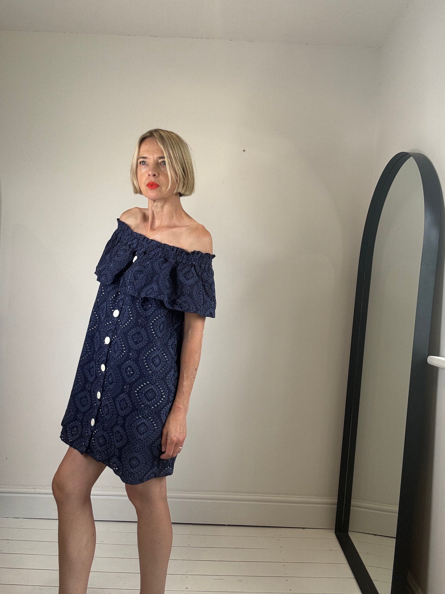Bardot broderie mini dress
