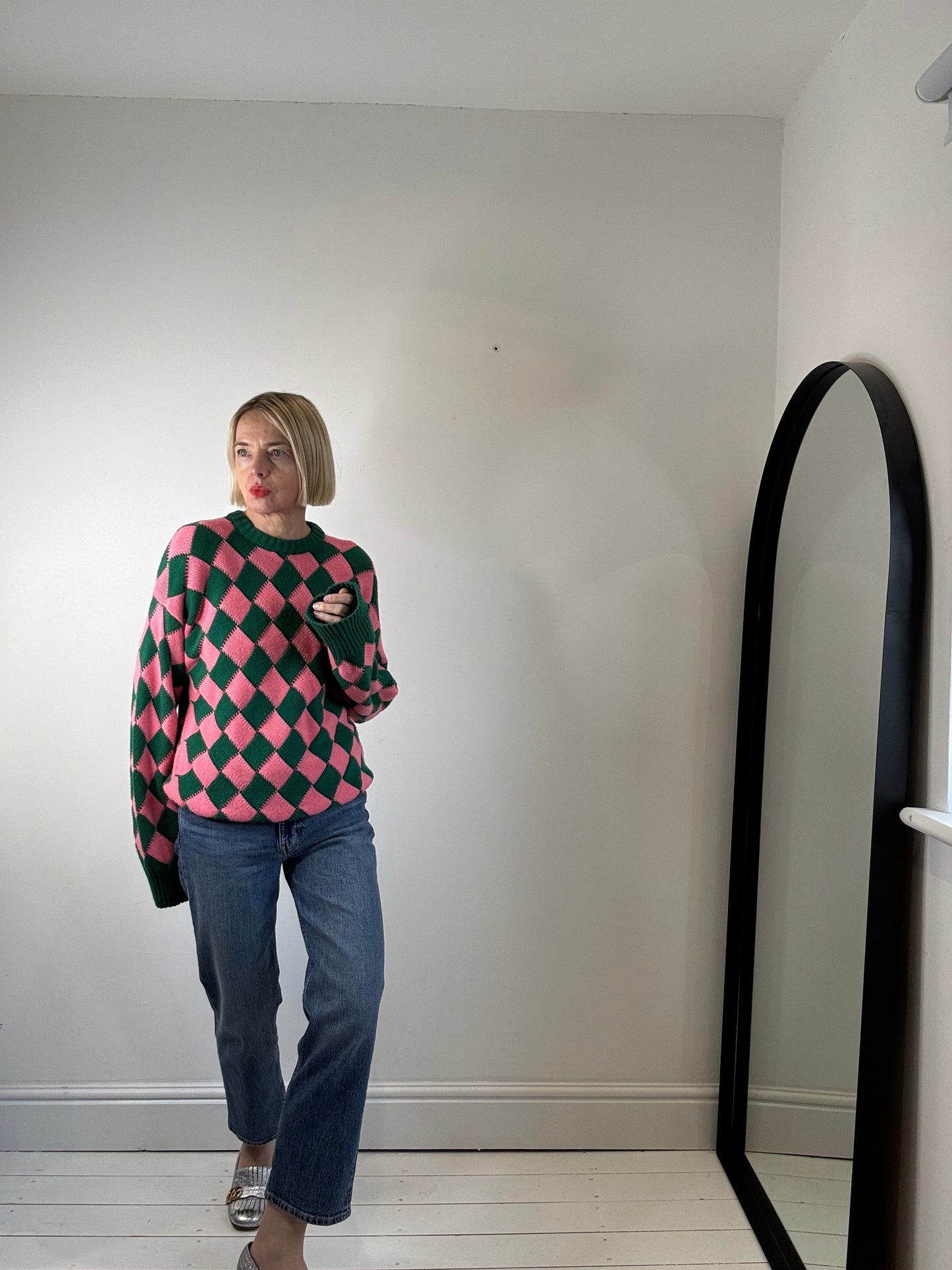 ami amalia knitwear harlequin merino wool jumper pink greenwomen's preloved luxury designer knitwear jumper sweater women's