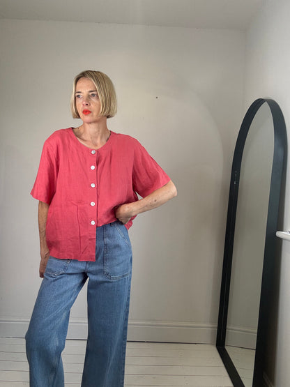 linen Orvis mother of pearl button front woven tee women's preloved coral pink