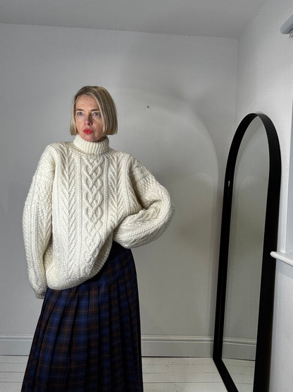 knitted cable knit arran jumper funnel neck cream women's