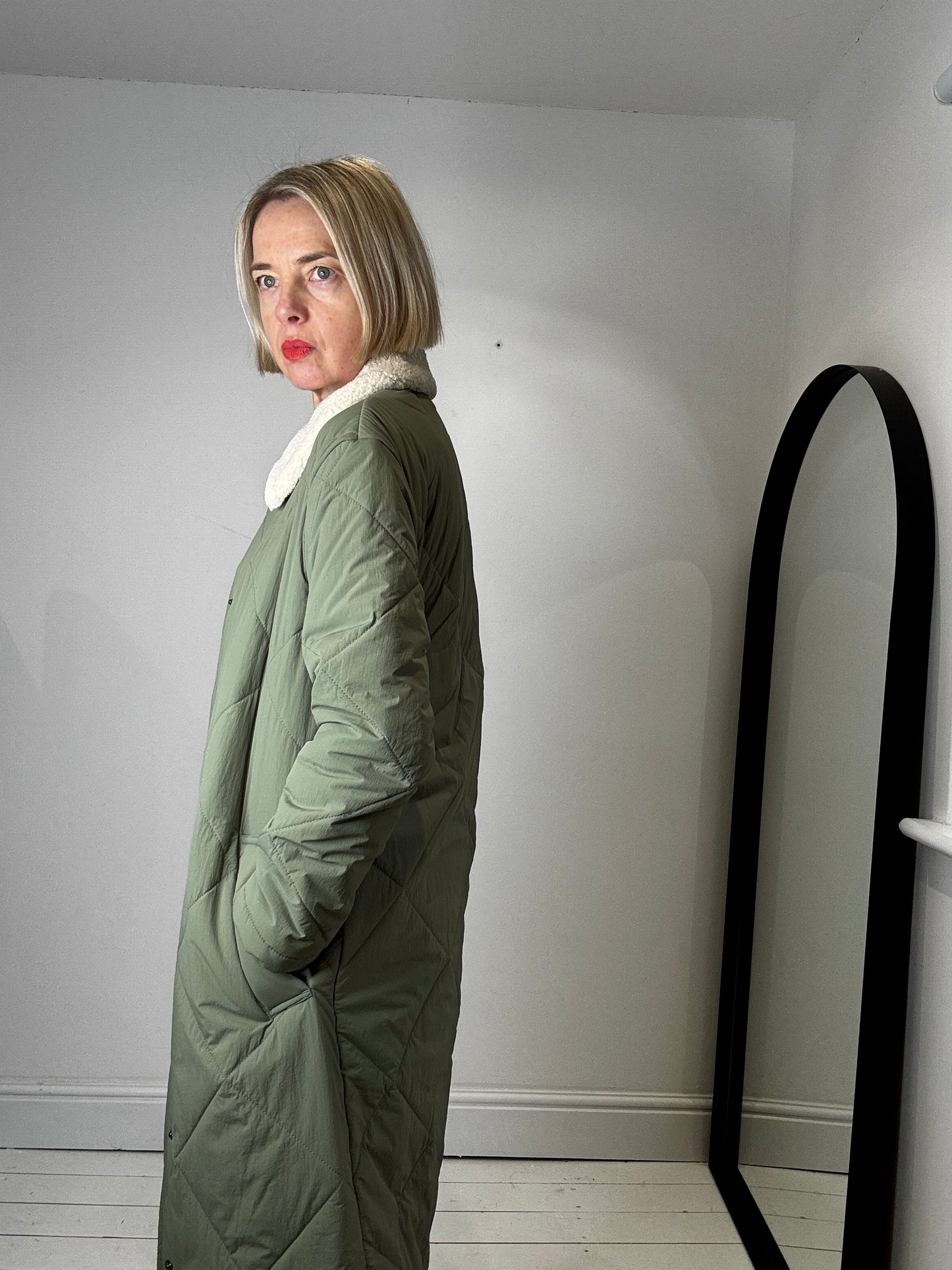 Borg collar quilted coat