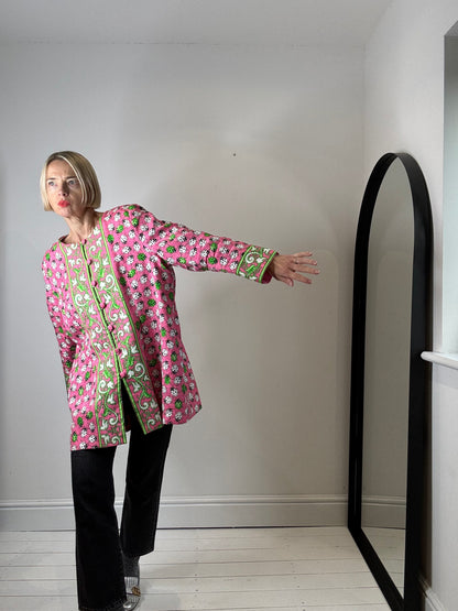 pink green silk print lady bird quilted edge to edge jacket queens courtier tailor made rare women's preloved size 16