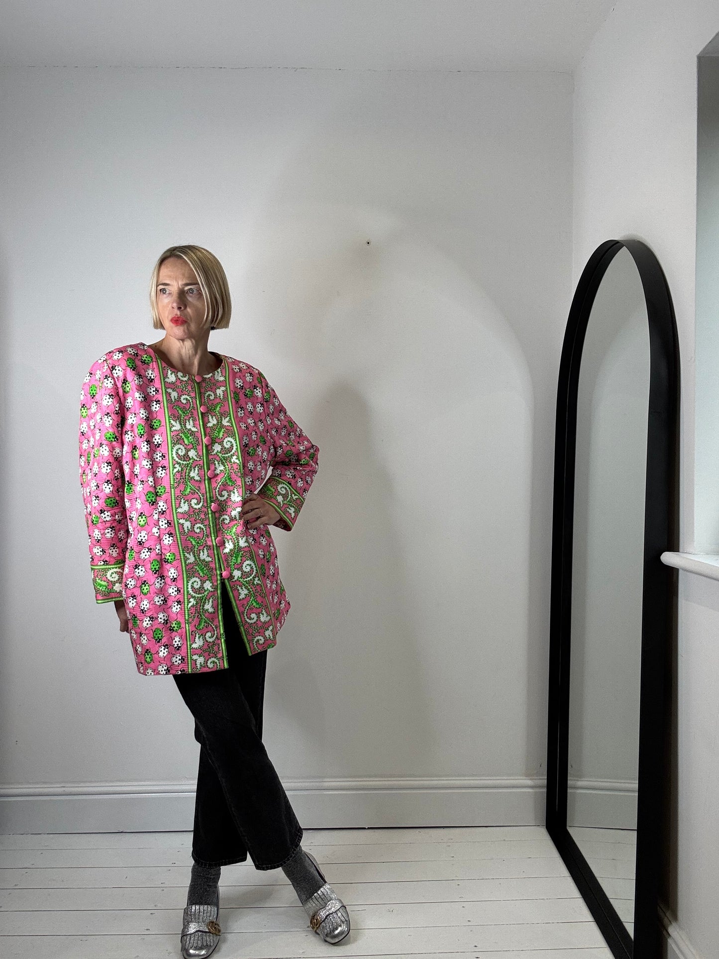 Unique lady bug collarless jacket