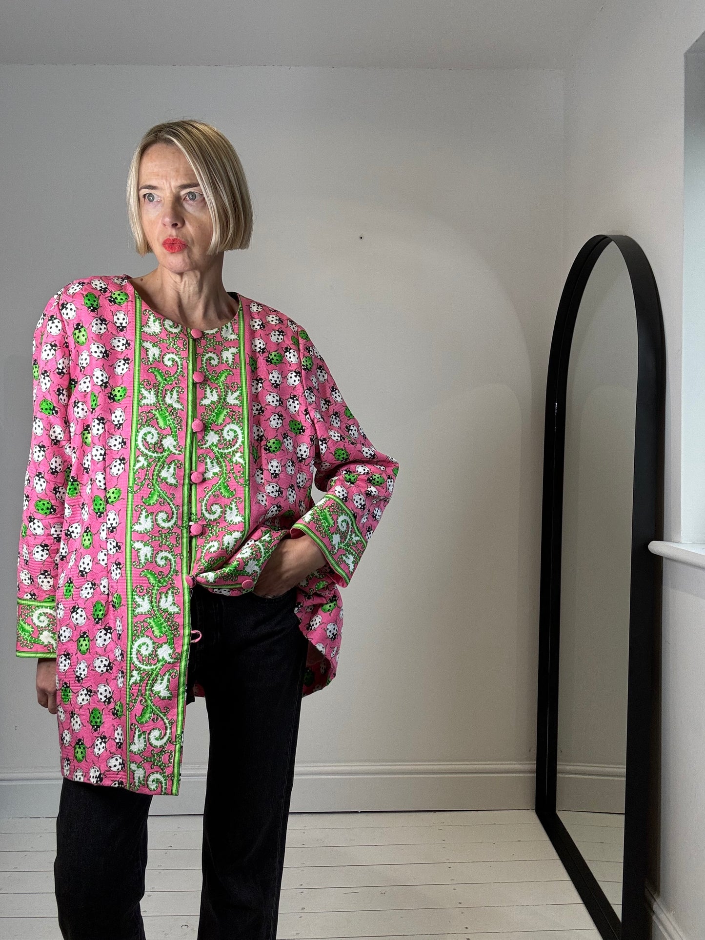 Unique lady bug collarless jacket