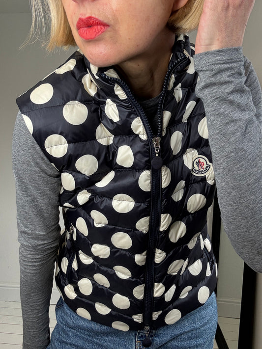 MONCLER real down padded zip front polka dot gilet