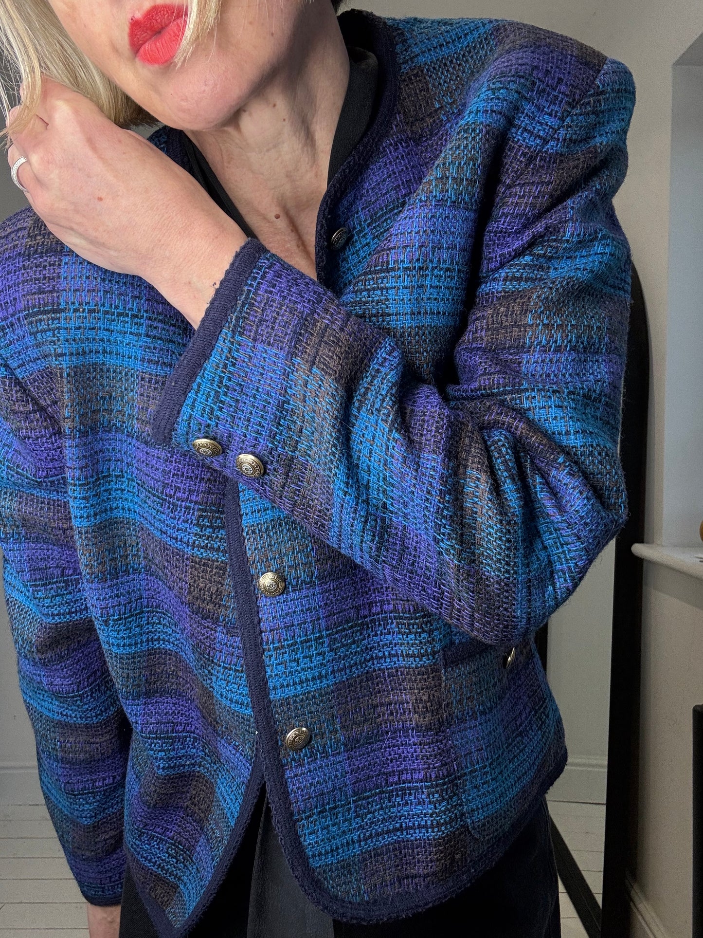 VINTAGE collarless check jacket