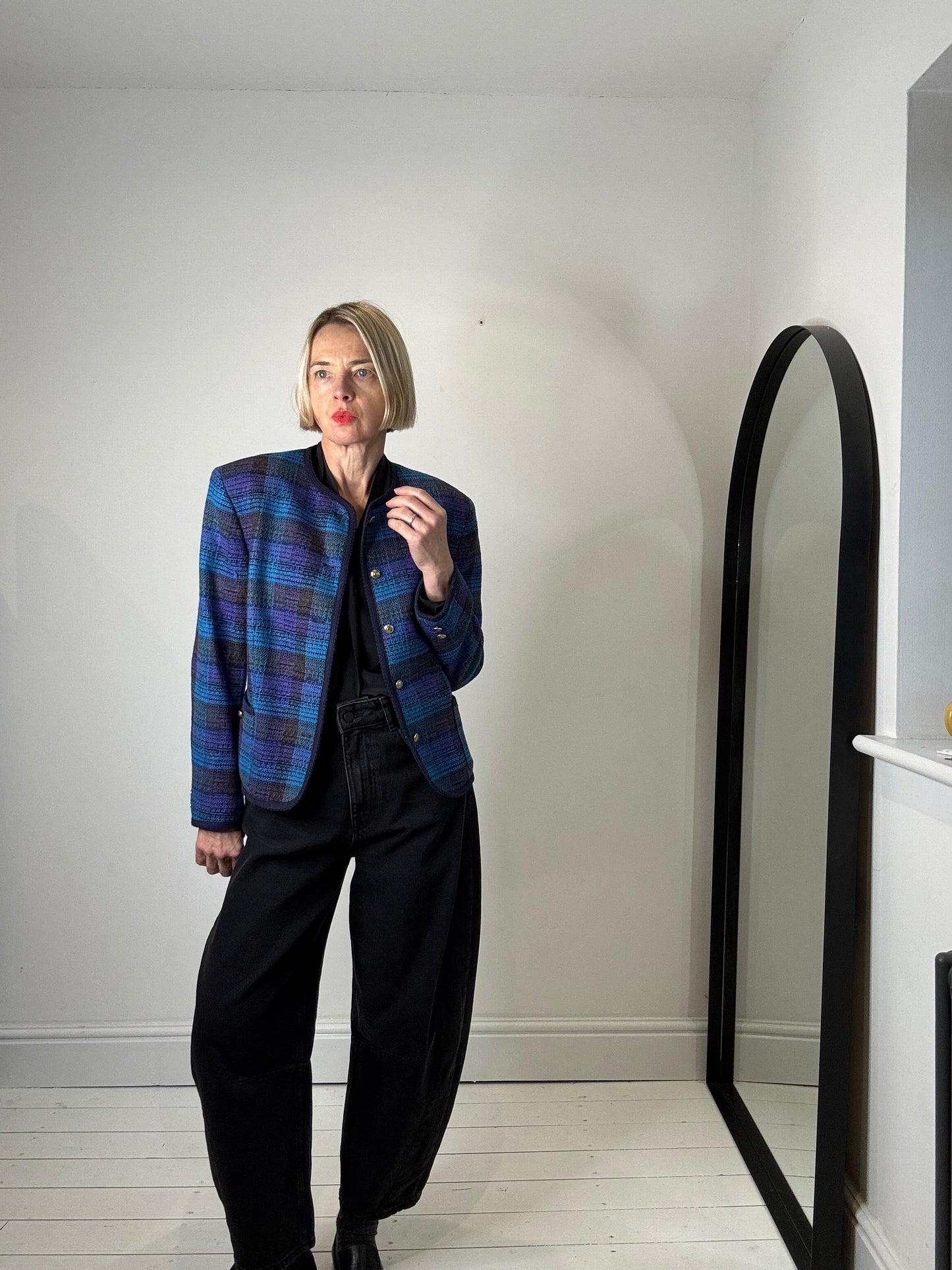 VINTAGE collarless check jacket