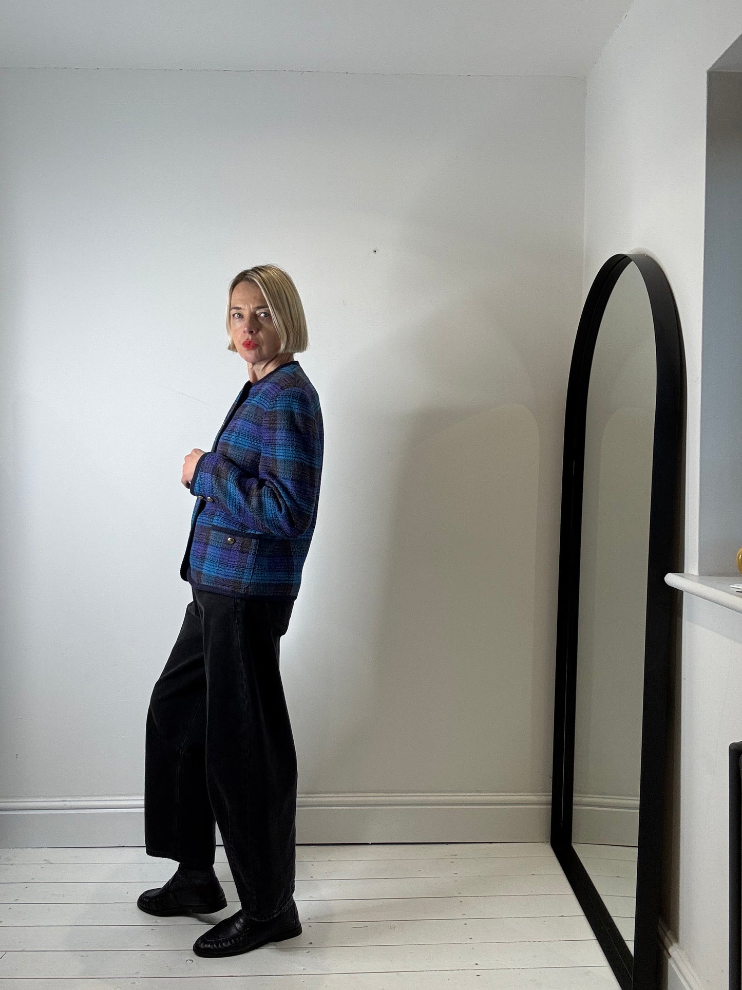 VINTAGE collarless check jacket