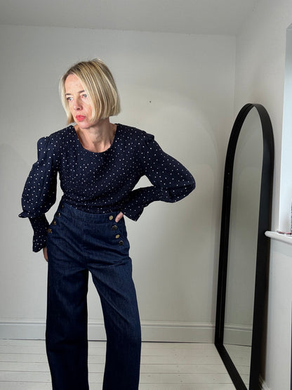 Spot print long sleeve crepe top