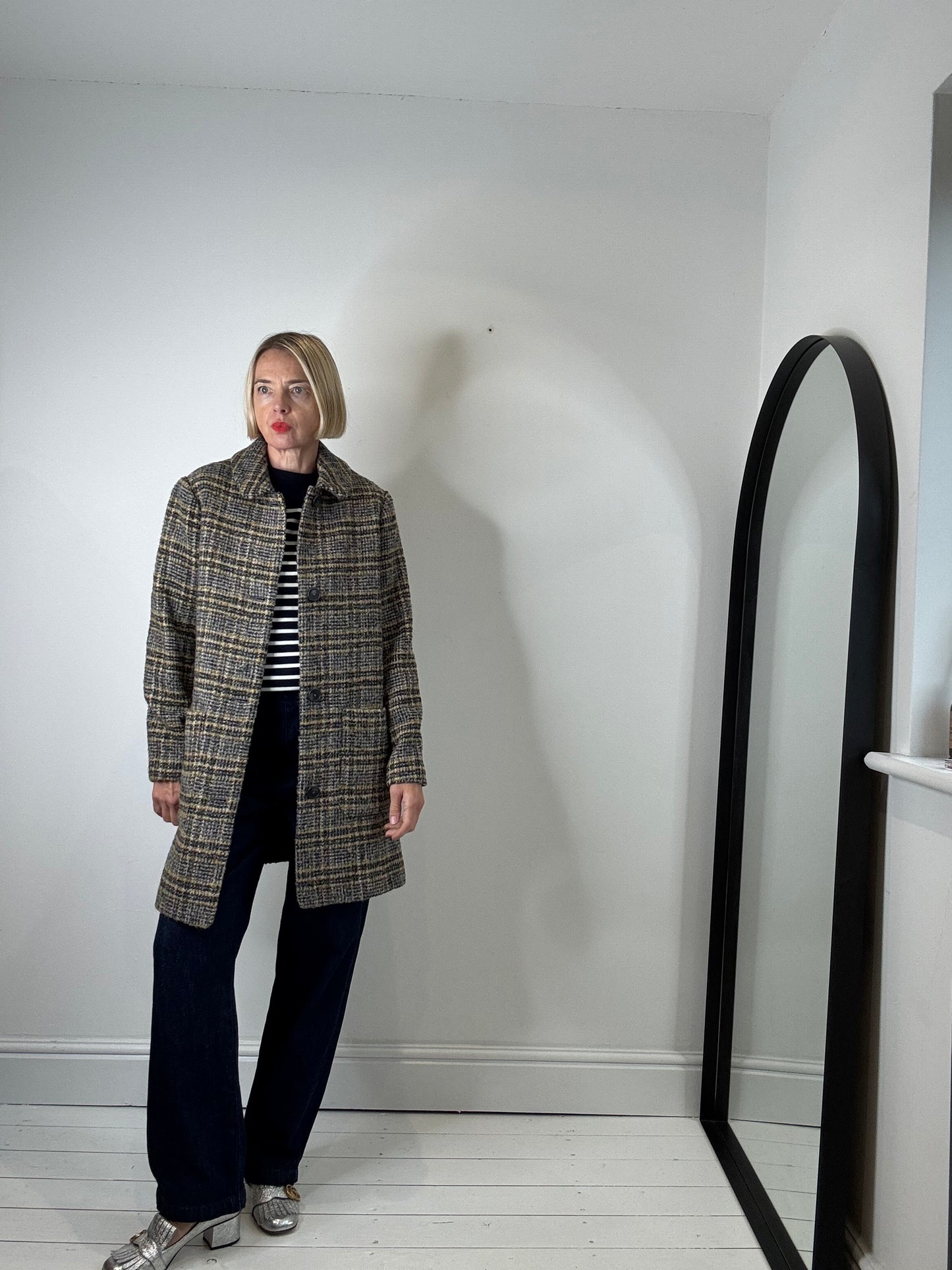 Check textured single breasted coat