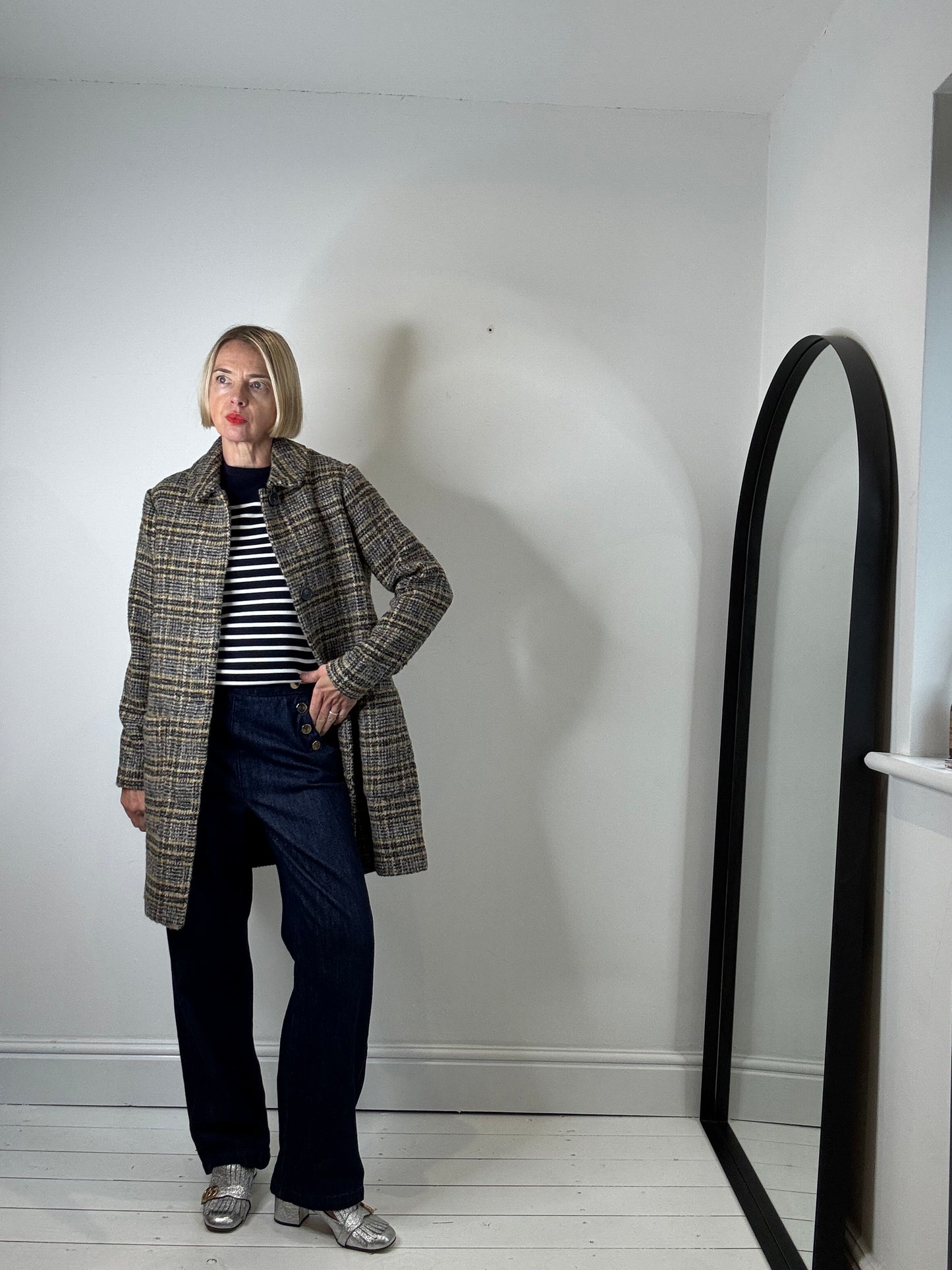 Check textured single breasted coat