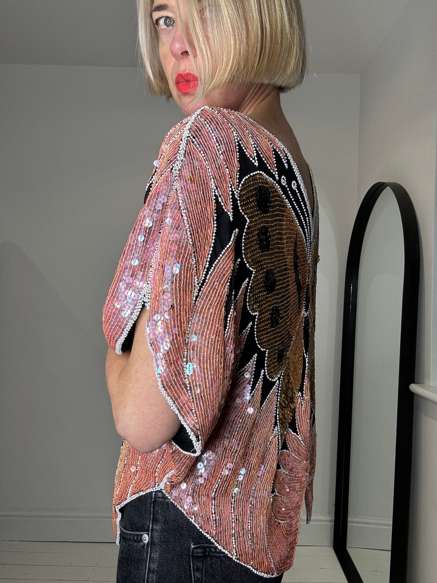 VINTAGE sequin butterfly embellished top