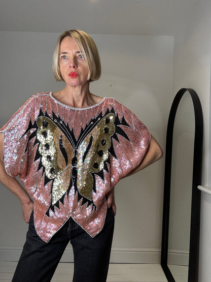 VINTAGE sequin butterfly embellished top
