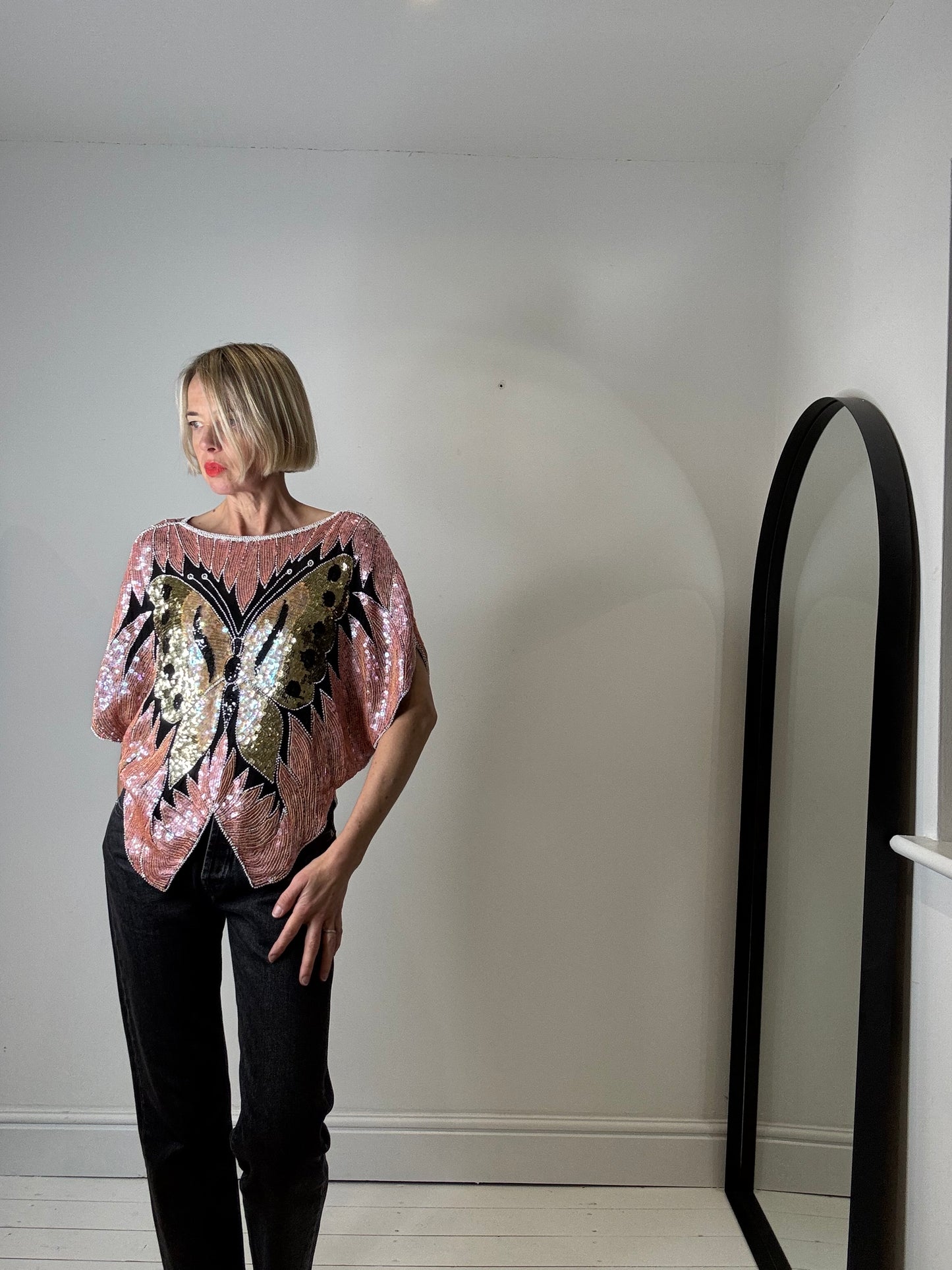 VINTAGE sequin butterfly embellished top