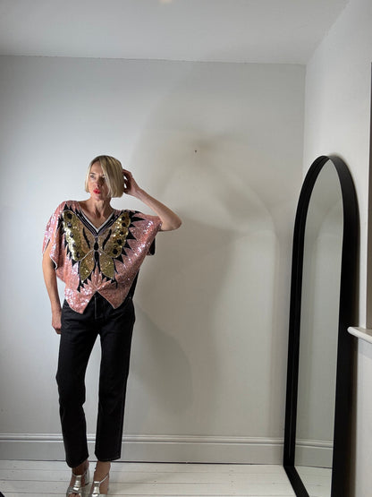 VINTAGE sequin butterfly embellished top
