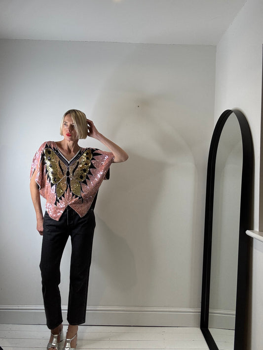 VINTAGE sequin butterfly embellished top