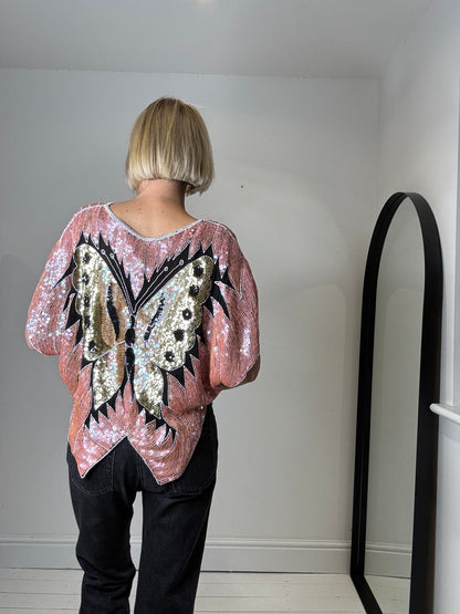 VINTAGE sequin butterfly embellished top