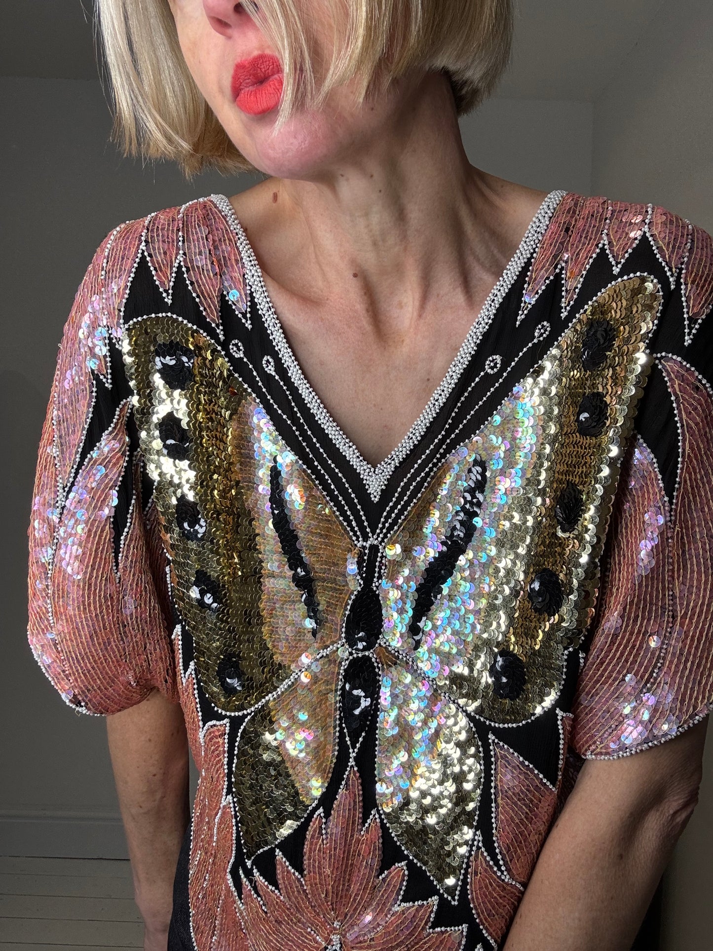 VINTAGE sequin butterfly embellished top