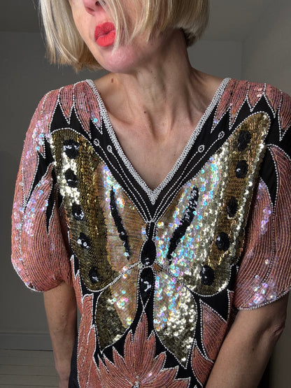VINTAGE sequin butterfly embellished top