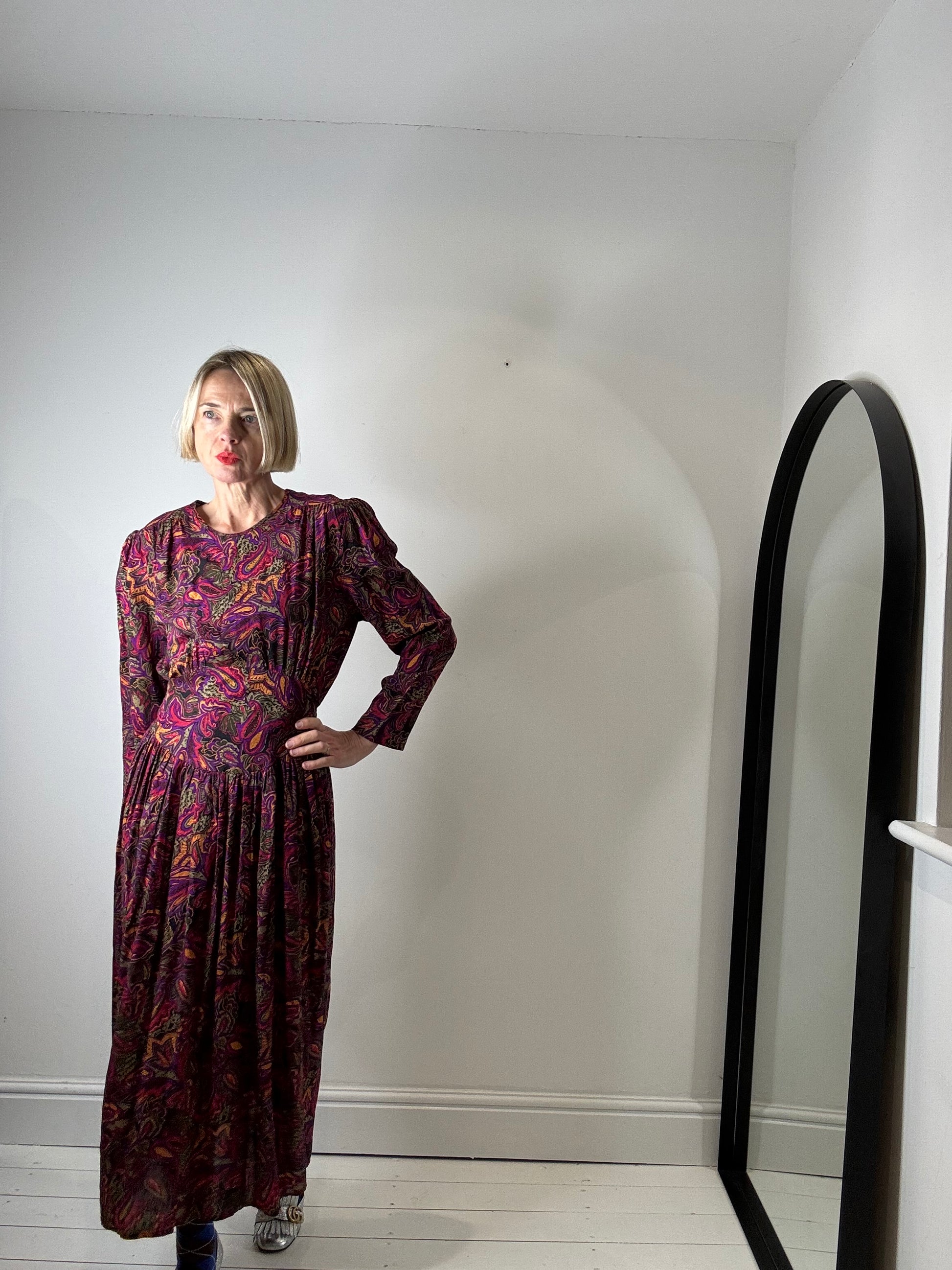 VINTAGE autumnal print midi dress for women