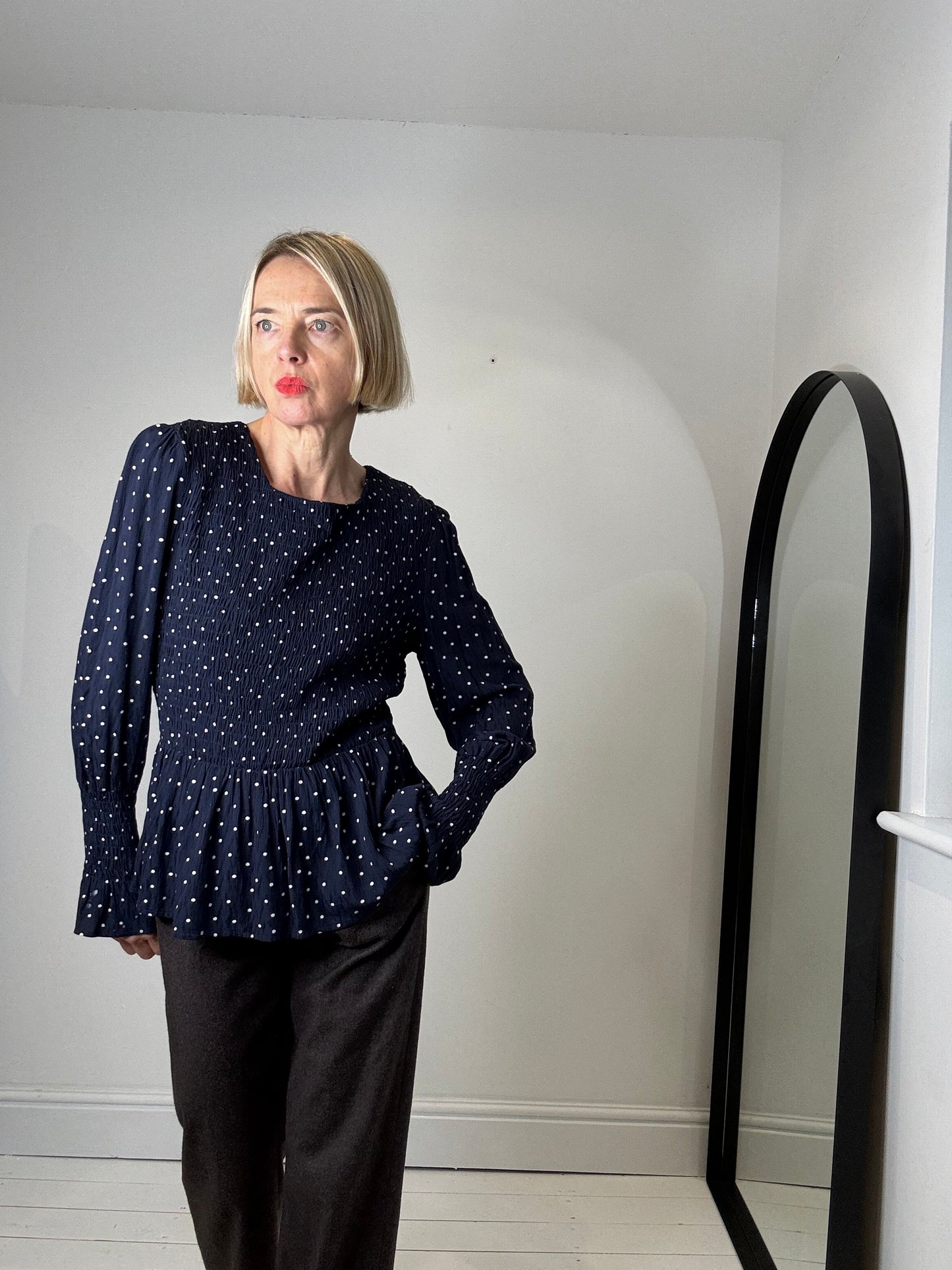 Spot print long sleeve crepe top