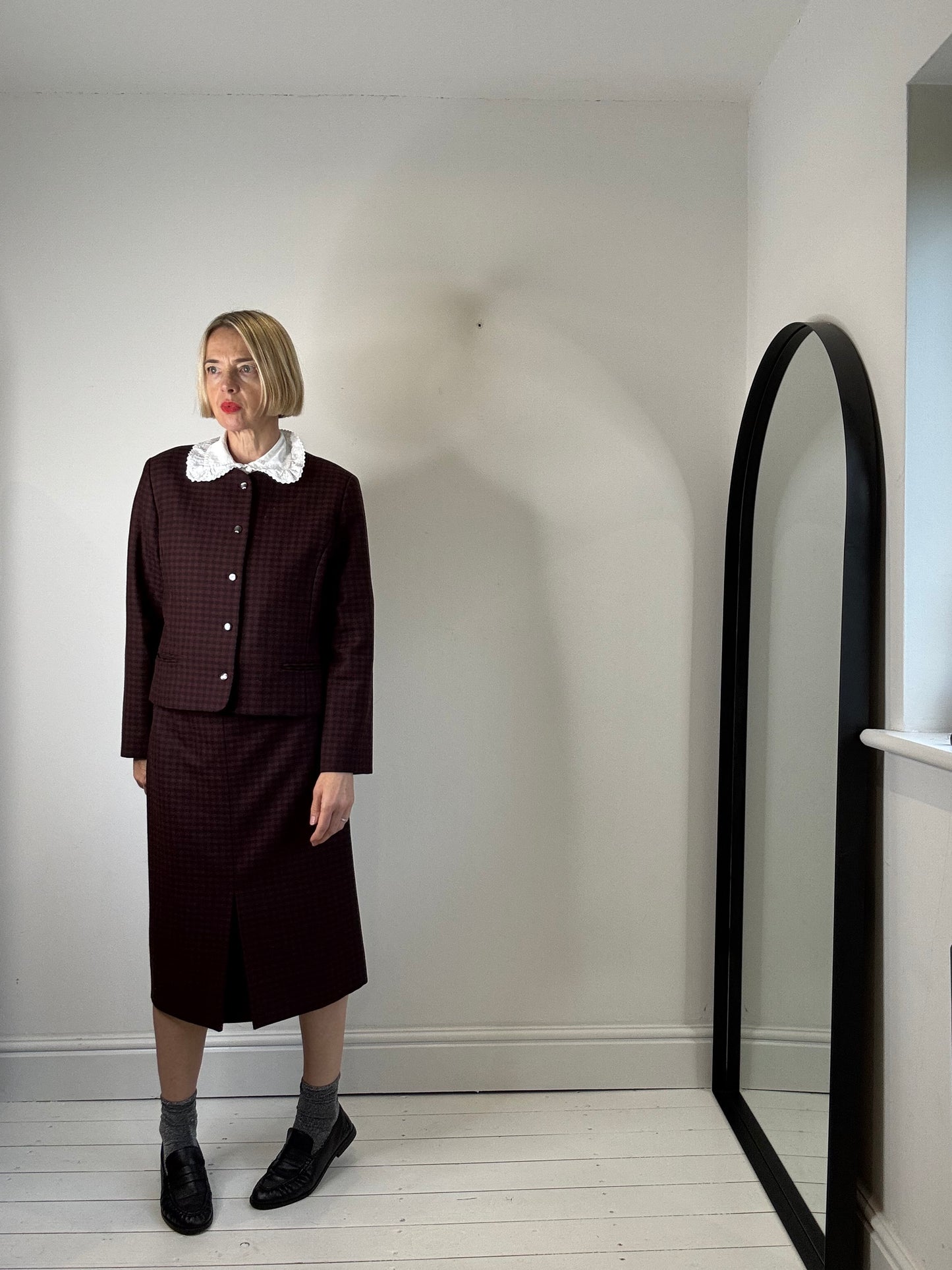 Wool check skirt with box pleat