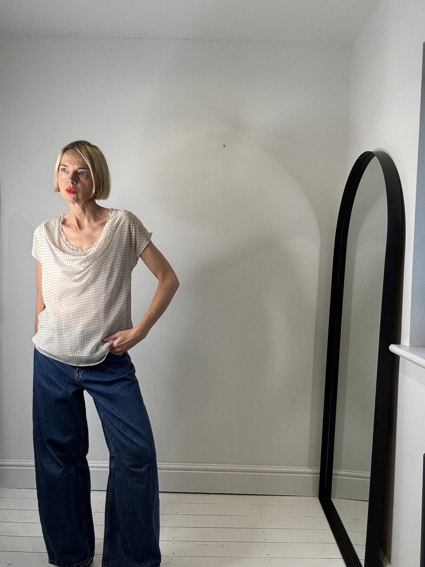 HOSS flocked spot cowl neck top