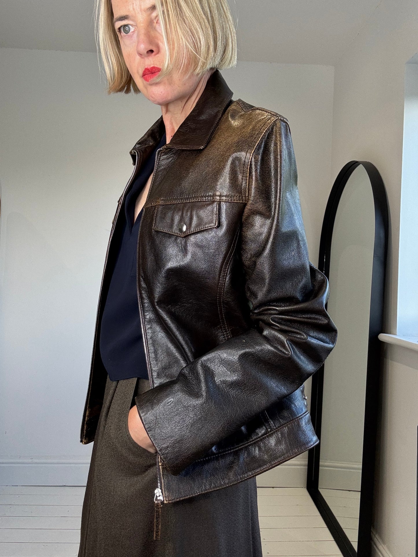 brown NICOLE FARHI zip front leather jacket for women