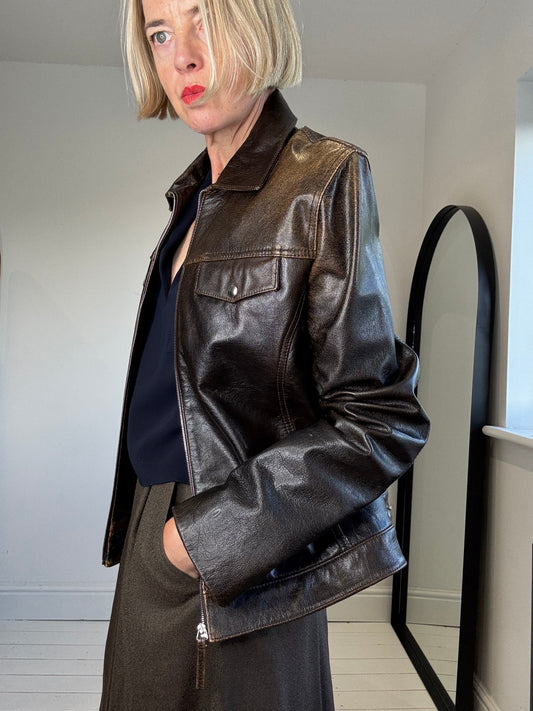 brown NICOLE FARHI zip front leather jacket for women